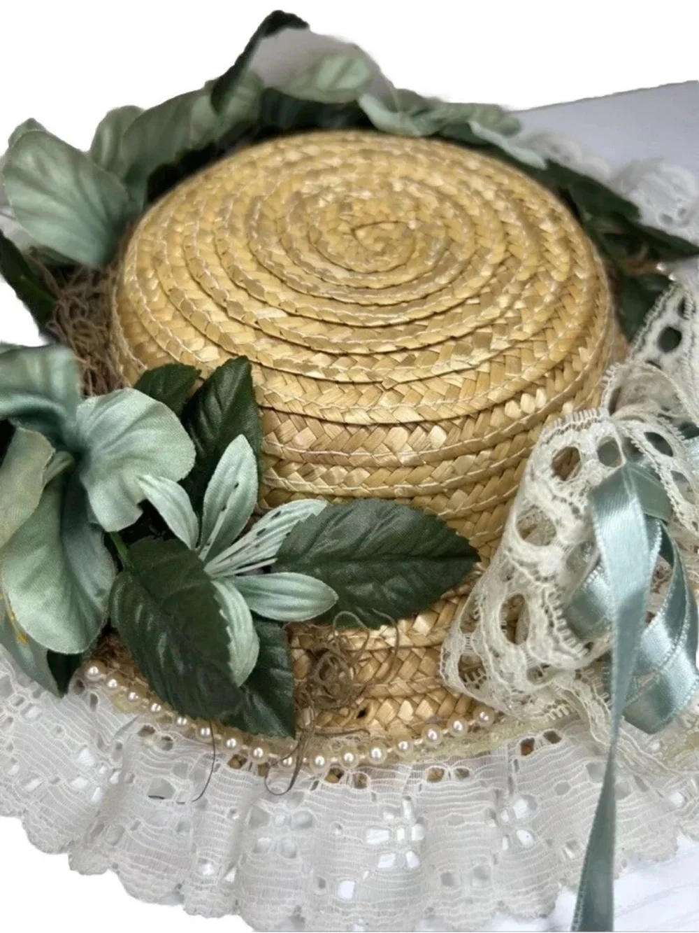 Vintage Victorian Hanging Green White Floral Lace Straw Hat / Doll Hat 10In